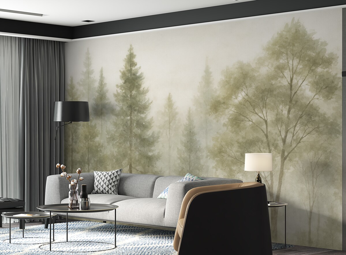 Fototapeta Wysokie, fakturowane sosny w mglistej kniei, z zamgloną, mglistą aurą.