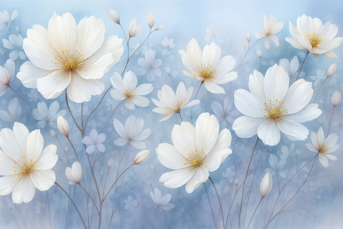Fototapeta Subtelne białe kwiaty z gładkimi płatkami na rozmytym niebieskim tle, kreujące radosną i lekką atmosferę.