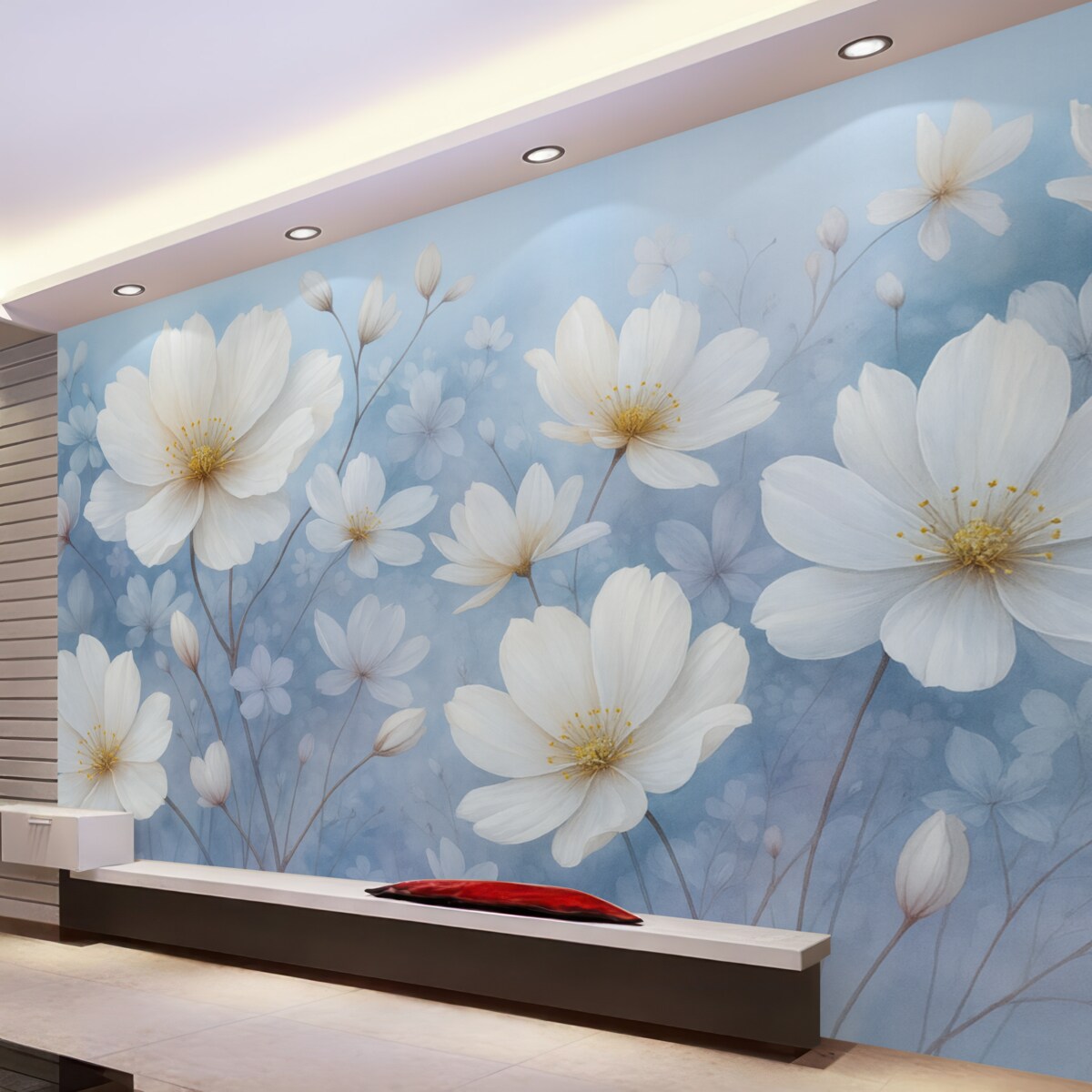 Fototapeta Subtelne białe kwiaty z gładkimi płatkami na rozmytym niebieskim tle, kreujące radosną i lekką atmosferę.