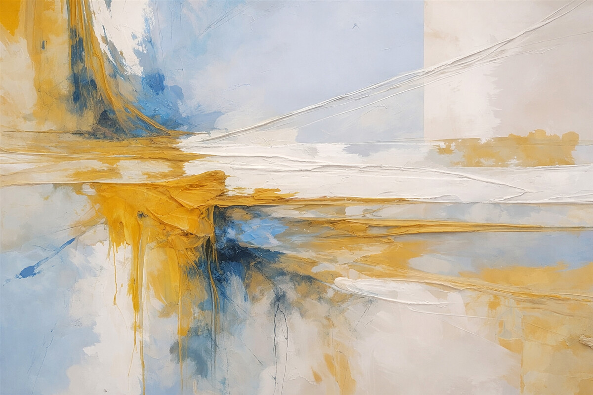 Fototapeta Minimalistyczna abstrakcyjna kompozycja z śmiałymi ruchami pędzla w odcieniach żółtego, niebieskiego i białego.