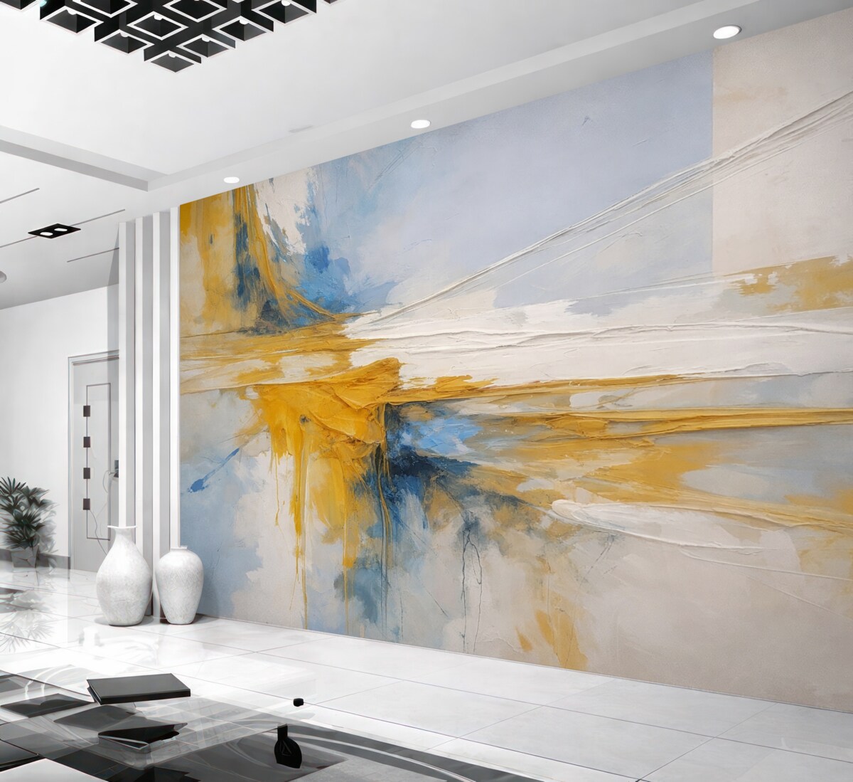 Fototapeta Minimalistyczna abstrakcyjna kompozycja z śmiałymi ruchami pędzla w odcieniach żółtego, niebieskiego i białego.