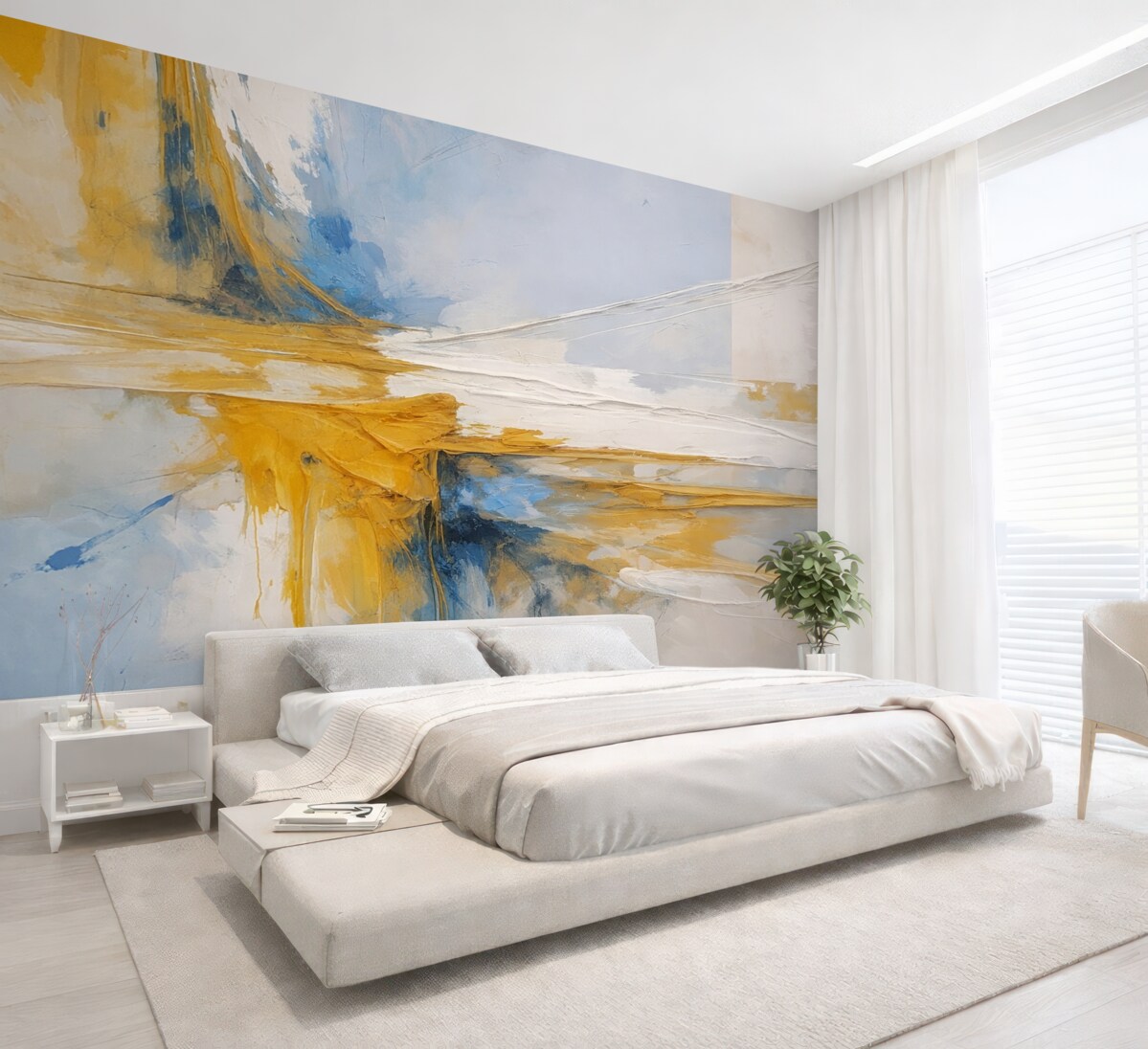 Fototapeta Minimalistyczna abstrakcyjna kompozycja z śmiałymi ruchami pędzla w odcieniach żółtego, niebieskiego i białego.