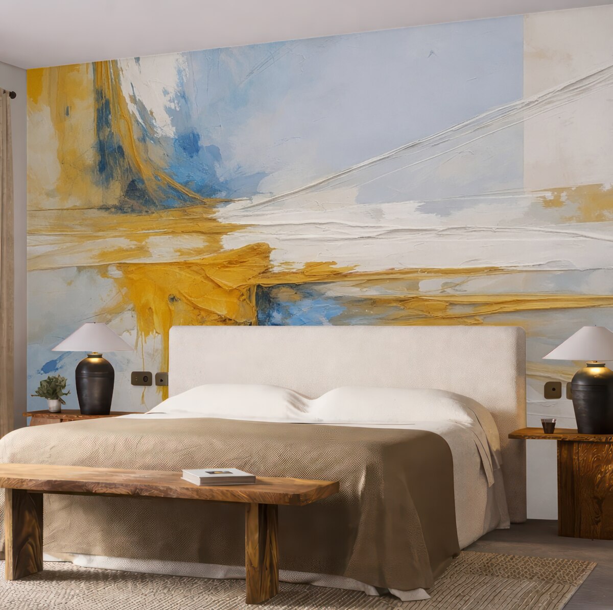 Fototapeta Minimalistyczna abstrakcyjna kompozycja z śmiałymi ruchami pędzla w odcieniach żółtego, niebieskiego i białego.