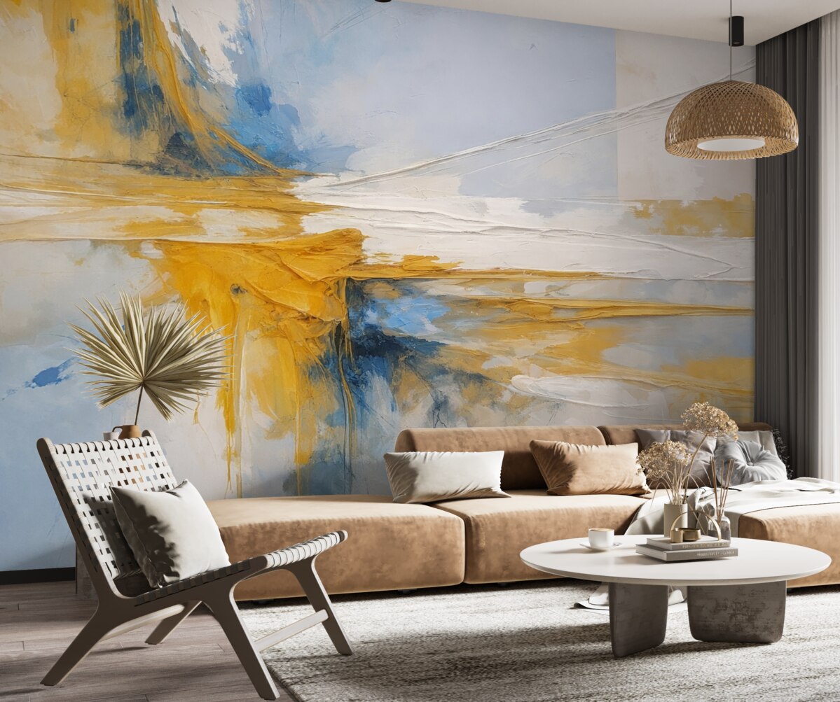 Fototapeta Minimalistyczna abstrakcyjna kompozycja z śmiałymi ruchami pędzla w odcieniach żółtego, niebieskiego i białego.