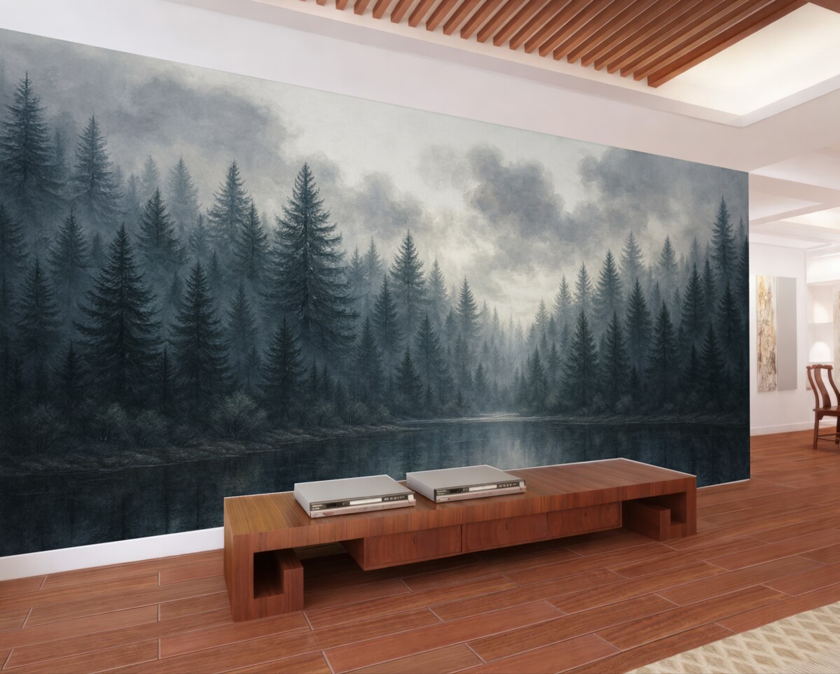 Fototapeta Ciszy krajobraz z lodowatym jeziorem otoczonym gęstym lasem sosnowym, w mglistej, tajemniczej atmosferze.