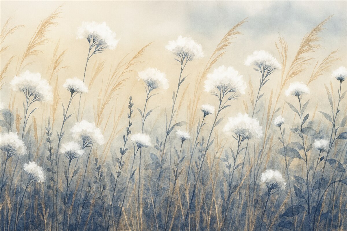 Fototapeta Puszysta biała bawełniana trawa na nieostrym teksturowanym tle, z delikatną, mglistą i radosną aurą.