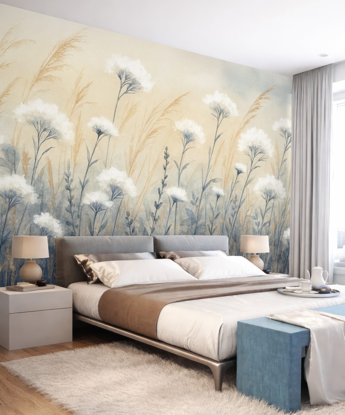 Fototapeta Puszysta biała bawełniana trawa na nieostrym teksturowanym tle, z delikatną, mglistą i radosną aurą.