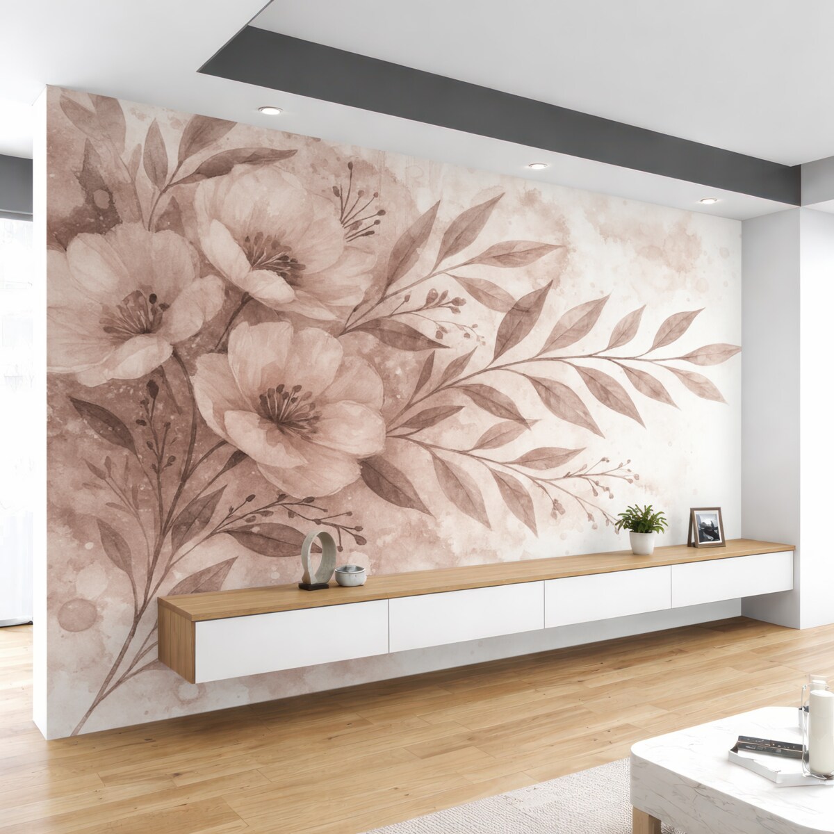 Fototapeta Subtelny różowy akcent z abstrakcyjnymi motywami roślinnymi na gładkim, rozmytym tle.