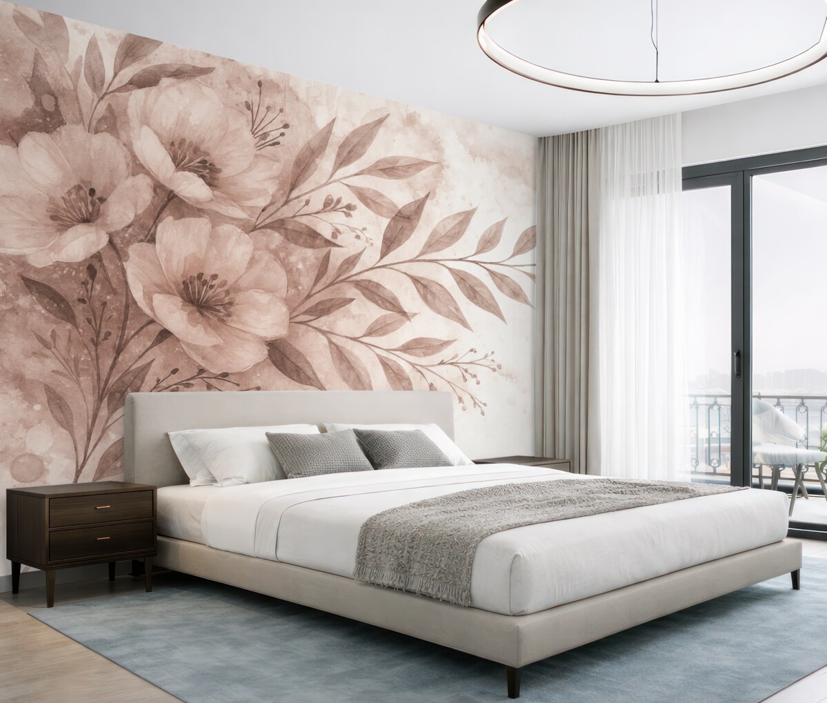 Fototapeta Subtelny różowy akcent z abstrakcyjnymi motywami roślinnymi na gładkim, rozmytym tle.