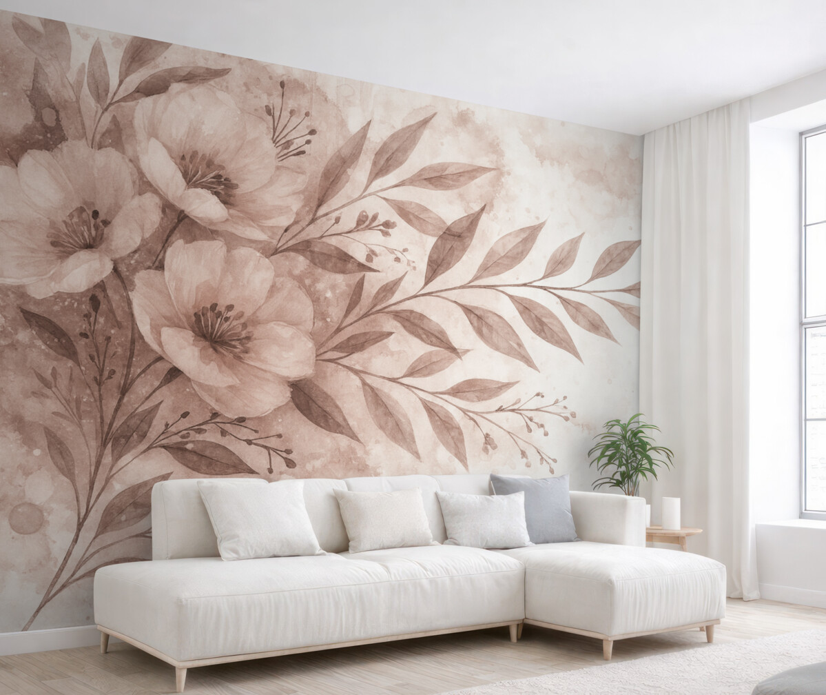 Fototapeta Subtelny różowy akcent z abstrakcyjnymi motywami roślinnymi na gładkim, rozmytym tle.