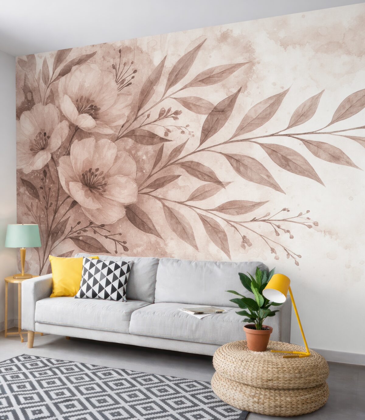 Fototapeta Subtelny różowy akcent z abstrakcyjnymi motywami roślinnymi na gładkim, rozmytym tle.