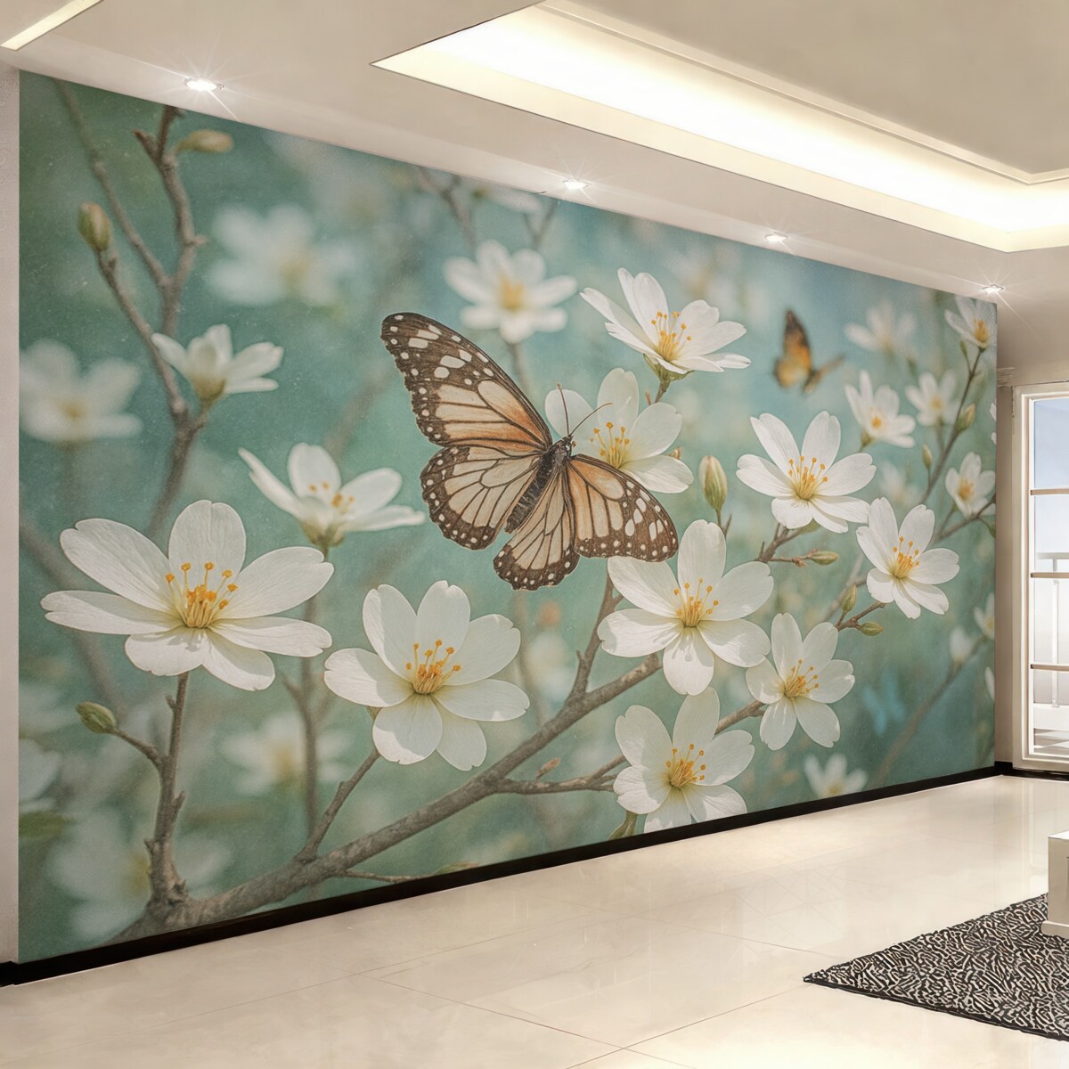 Fototapeta Biały motyl na gałązce z subtelnymi białymi kwiatami wiśni na pierwszym planie na zamazanym tle.