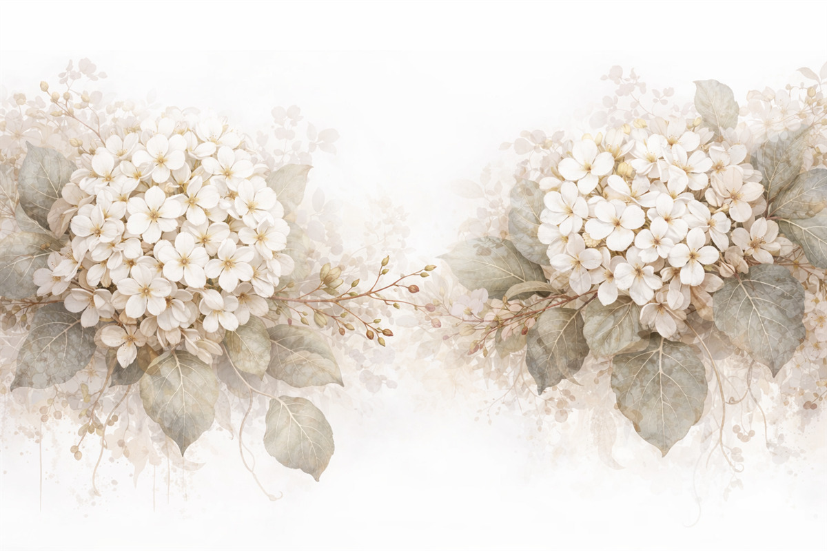 Fototapeta Subtelne białe kwiaty hortensji z gładkimi zielonymi liśćmi na jasnym tle.