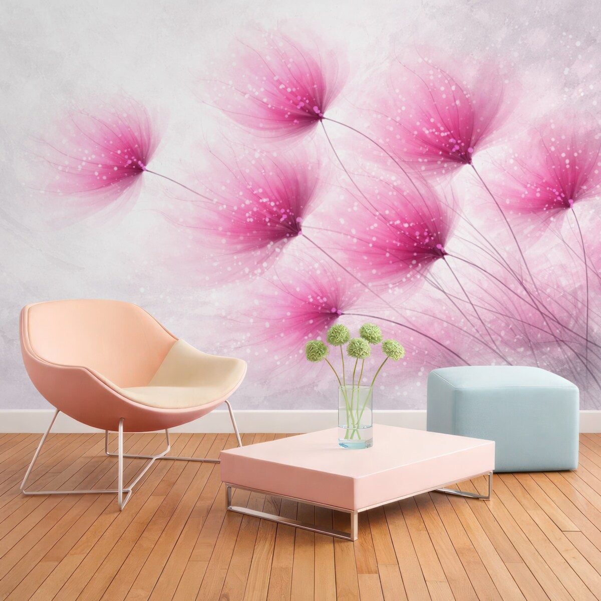 Fototapeta Delikatne różowe kwiaty na rozmytym, teksturowanym jasnoszarym tle z migoczącymi światłami.