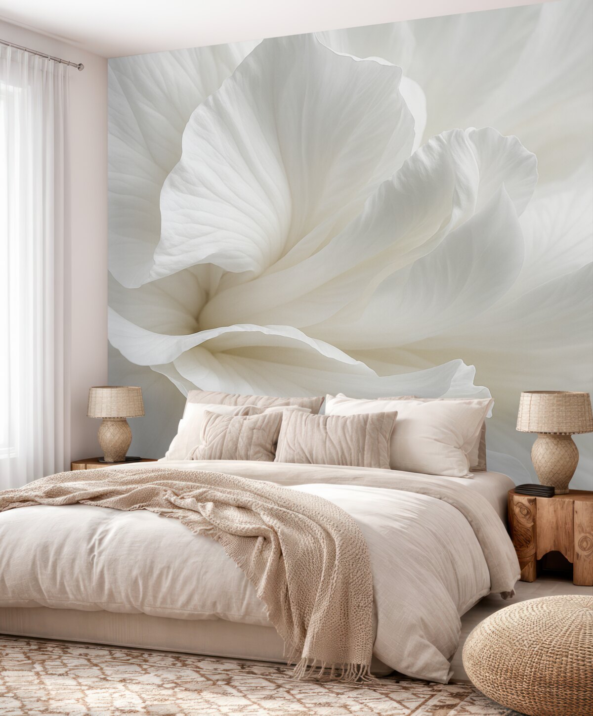 Fototapeta Abstrakcyjny minimalistyczny wzór subtelnego białego kwiatu z gładkimi, aksamitnymi płatkami.