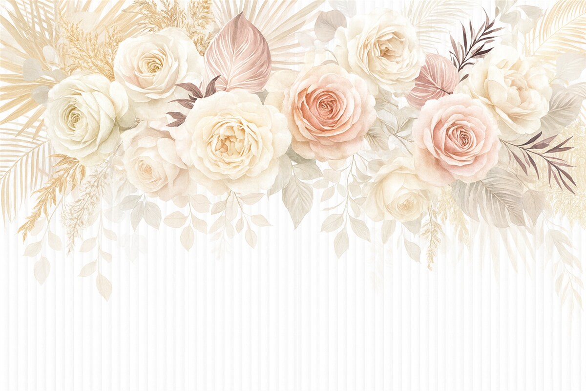 Fototapeta Bukiet kwiatowy z różowymi i białymi różami, palmowymi liśćmi oraz innymi tropikalnymi liśćmi na jasnym tle.