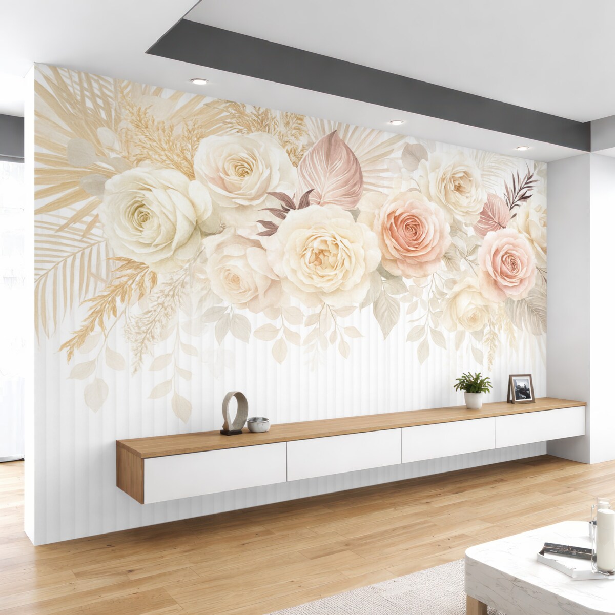 Fototapeta Bukiet kwiatowy z różowymi i białymi różami, palmowymi liśćmi oraz innymi tropikalnymi liśćmi na jasnym tle.