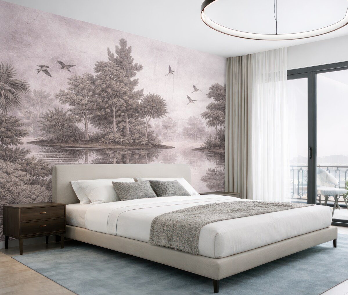 Fototapeta Nadruk leśnego pejzażu z jeziorem otoczonym sosnami i innymi drzewami na teksturowanym beżowym tle.