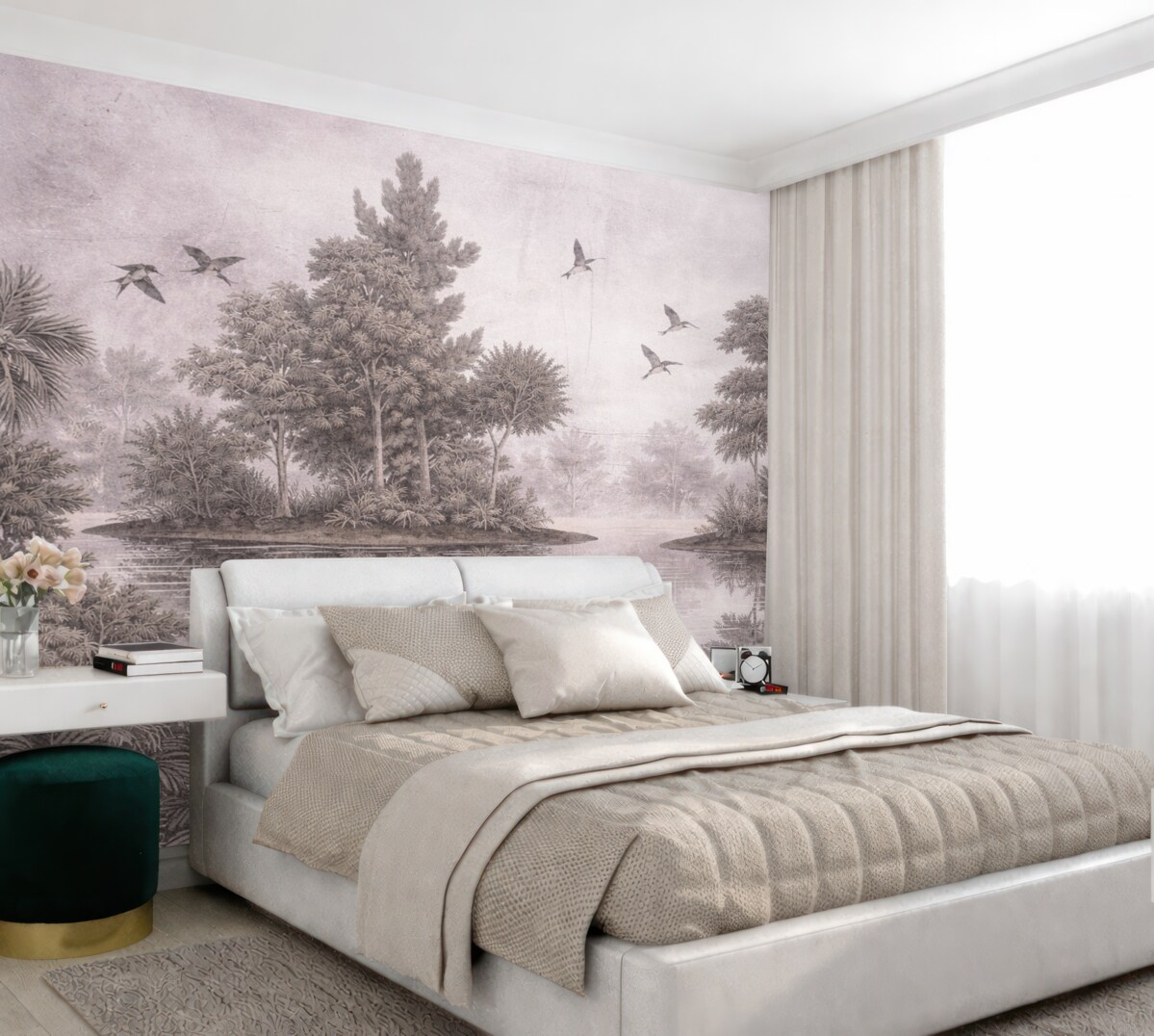 Fototapeta Nadruk leśnego pejzażu z jeziorem otoczonym sosnami i innymi drzewami na teksturowanym beżowym tle.