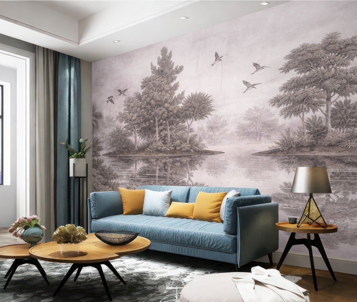 Fototapeta Nadruk leśnego pejzażu z jeziorem otoczonym sosnami i innymi drzewami na teksturowanym beżowym tle.