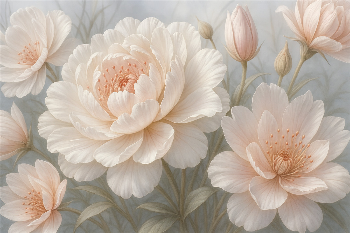 Fototapeta Wielkie, subtelne białe i różowe kwiaty piwonii z miękkimi, puszystymi płatkami na rozmytym szarym tle.