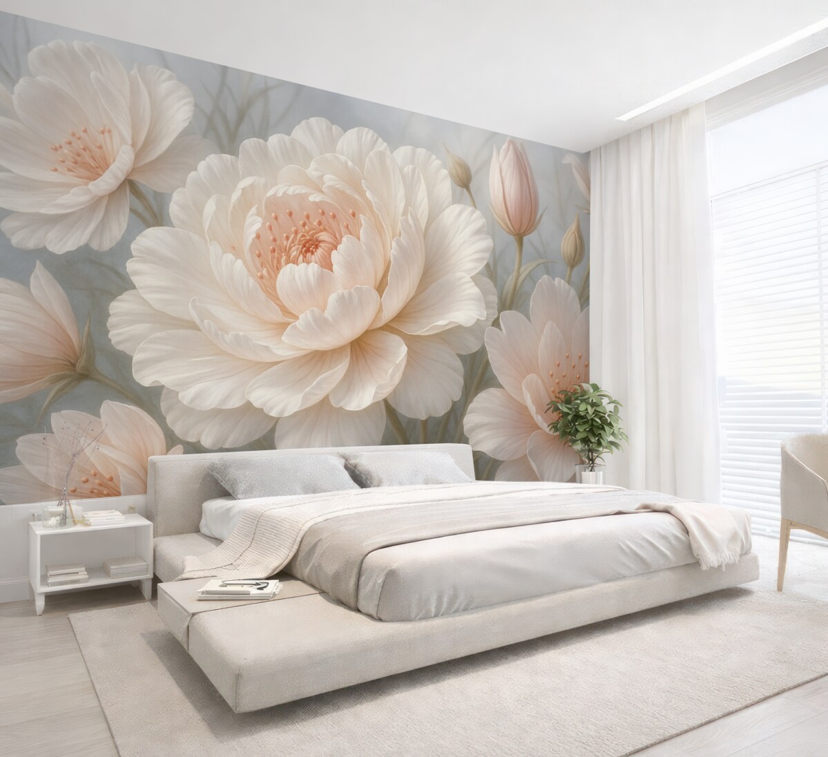 Fototapeta Wielkie, subtelne białe i różowe kwiaty piwonii z miękkimi, puszystymi płatkami na rozmytym szarym tle.