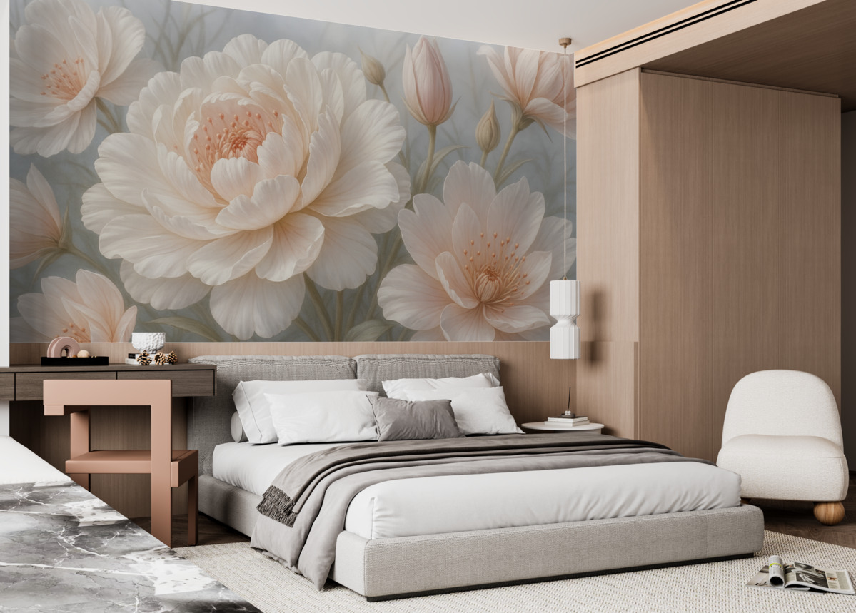 Fototapeta Wielkie, subtelne białe i różowe kwiaty piwonii z miękkimi, puszystymi płatkami na rozmytym szarym tle.