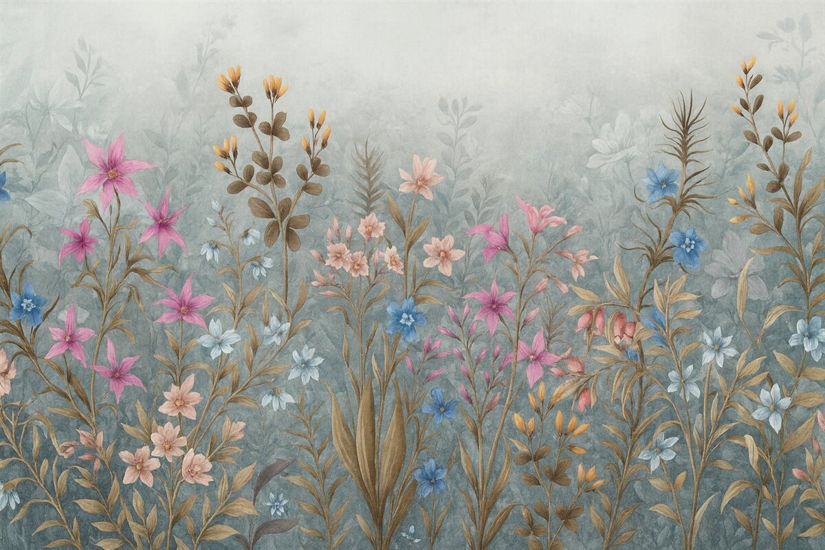 Fototapeta Gęsty, pełen życia kwiatowy nadruk teksturowy z barwnymi roślinami i kwiatami o złożonych detalach oraz fakturach.