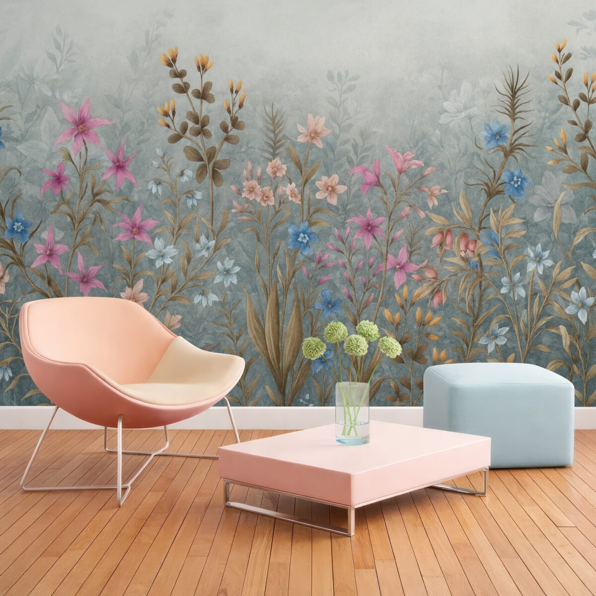 Fototapeta Gęsty, pełen życia kwiatowy nadruk teksturowy z barwnymi roślinami i kwiatami o złożonych detalach oraz fakturach.