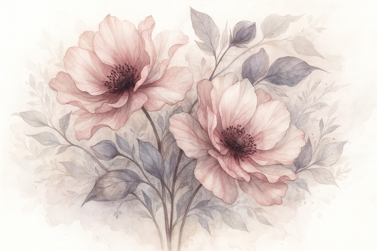 Fototapeta Subtelne przezroczyste różowe i szare kwiaty z delikatnymi, rozmytymi płatkami na białym tle.