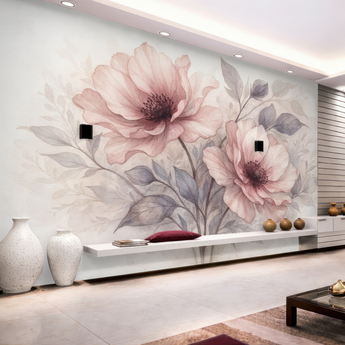 Fototapeta Subtelne przezroczyste różowe i szare kwiaty z delikatnymi, rozmytymi płatkami na białym tle.