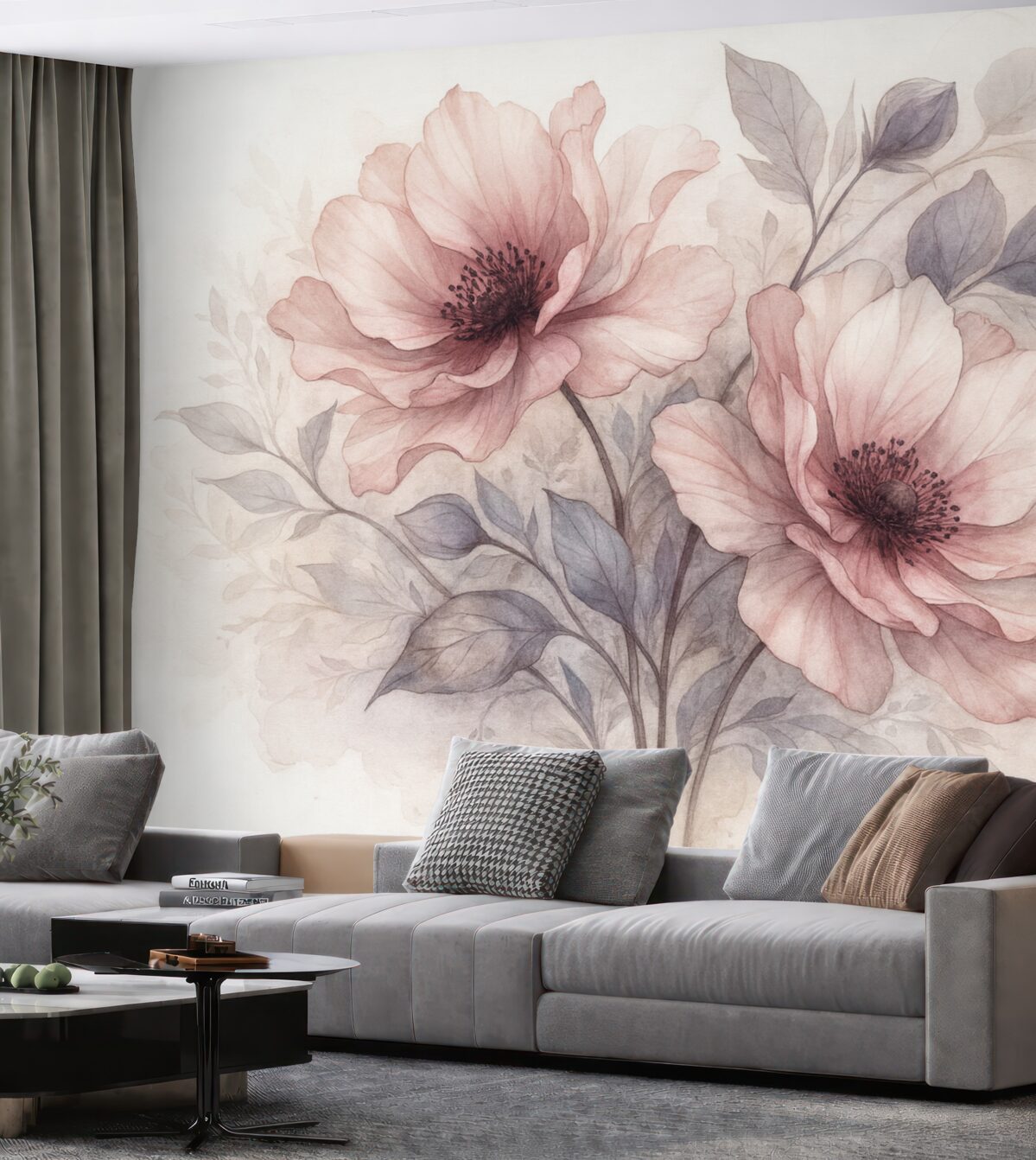 Fototapeta Subtelne przezroczyste różowe i szare kwiaty z delikatnymi, rozmytymi płatkami na białym tle.
