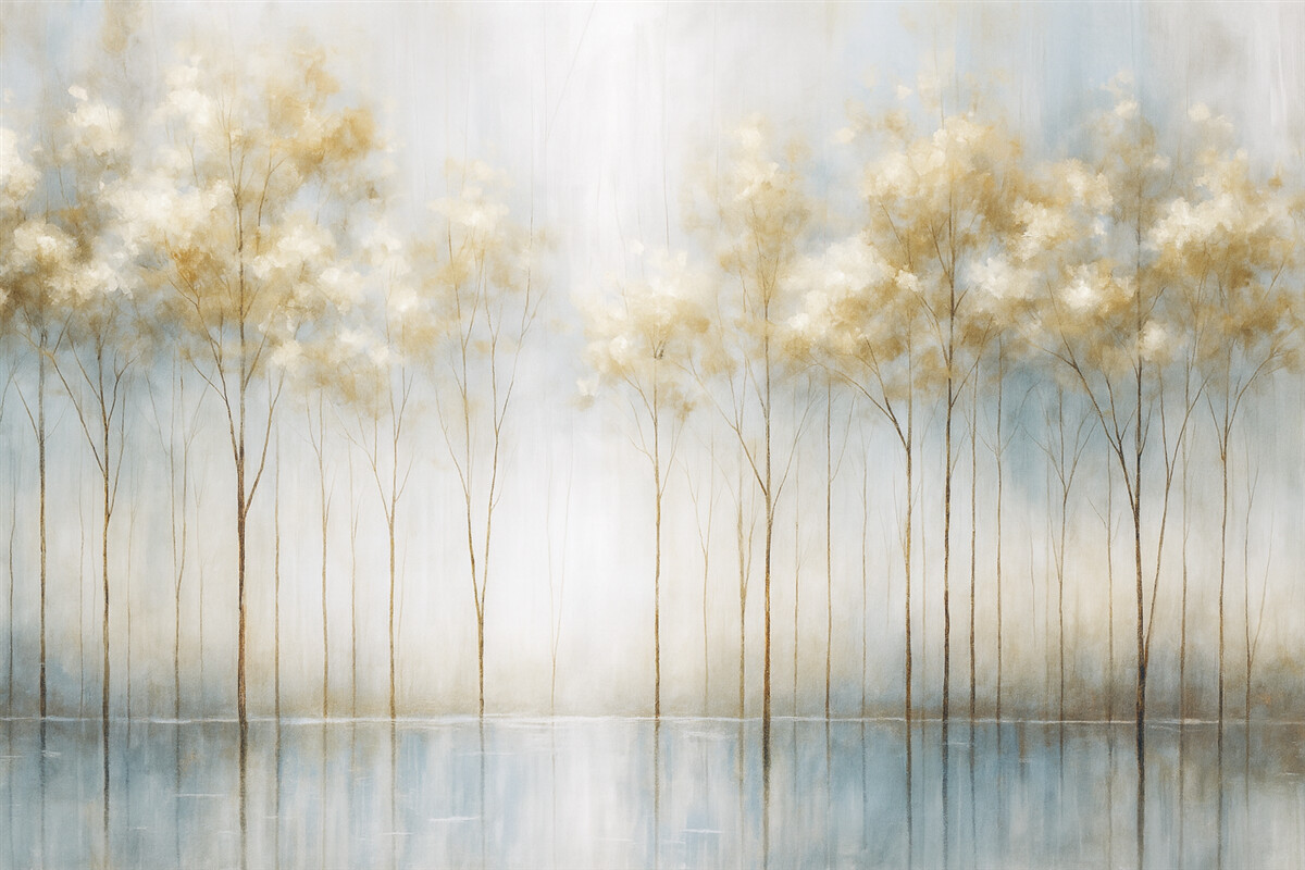 Fototapeta Przeźroczyste drzewa w abstrakcyjnym pastelowym rozmazanym zimowym minimalistycznym pejzażu z delikatnym, mglistym tłem.