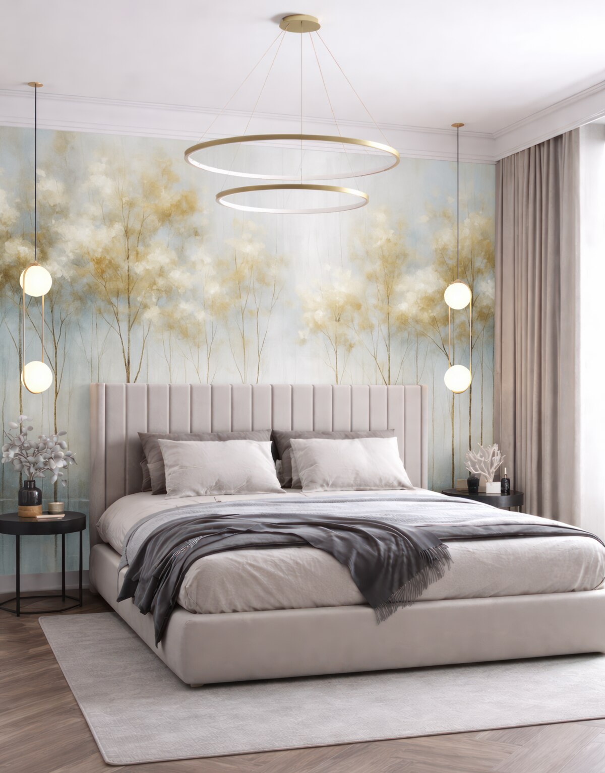 Fototapeta Przeźroczyste drzewa w abstrakcyjnym pastelowym rozmazanym zimowym minimalistycznym pejzażu z delikatnym, mglistym tłem.