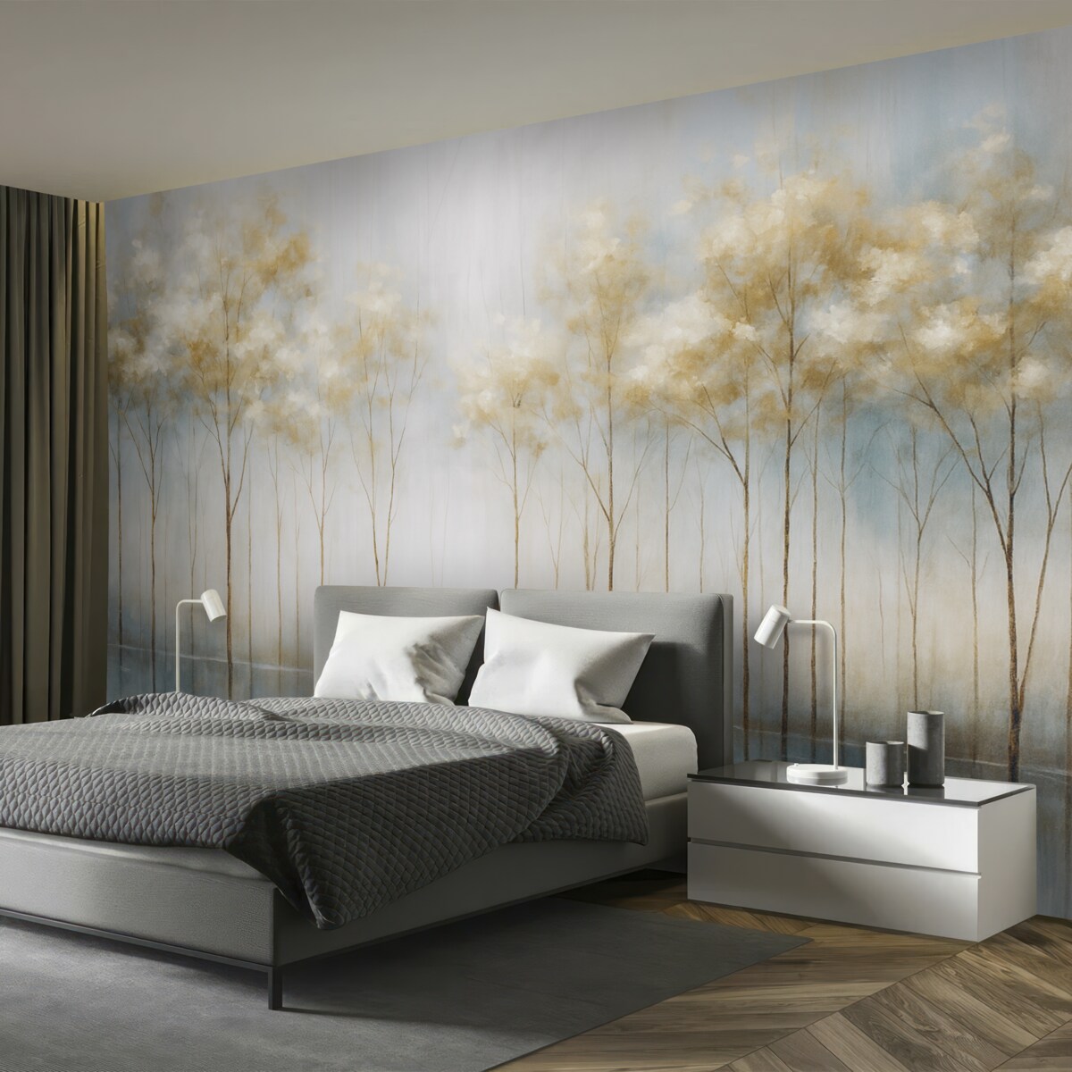 Fototapeta Przeźroczyste drzewa w abstrakcyjnym pastelowym rozmazanym zimowym minimalistycznym pejzażu z delikatnym, mglistym tłem.