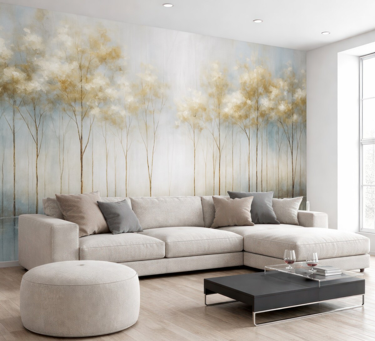 Fototapeta Przeźroczyste drzewa w abstrakcyjnym pastelowym rozmazanym zimowym minimalistycznym pejzażu z delikatnym, mglistym tłem.