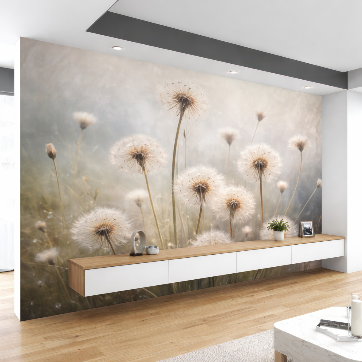 Fototapeta Delikatna ostrość kwiatów mniszka lekarskiego na łące, z rozmytym pastelowym tłem teksturowanym.