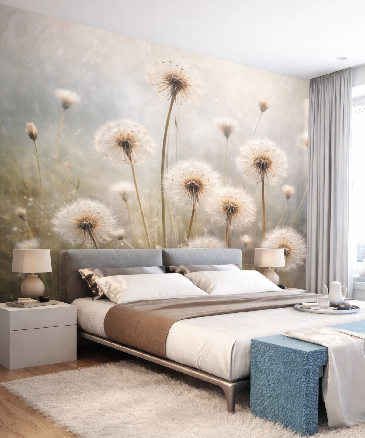 Fototapeta Delikatna ostrość kwiatów mniszka lekarskiego na łące, z rozmytym pastelowym tłem teksturowanym.