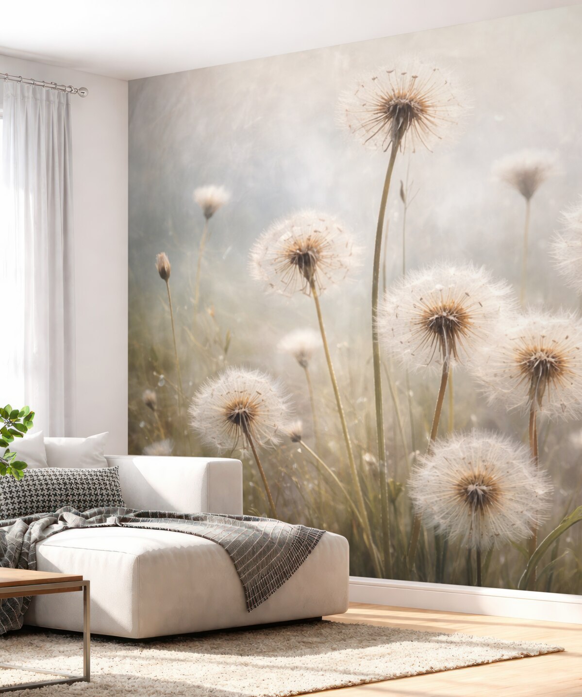 Fototapeta Delikatna ostrość kwiatów mniszka lekarskiego na łące, z rozmytym pastelowym tłem teksturowanym.