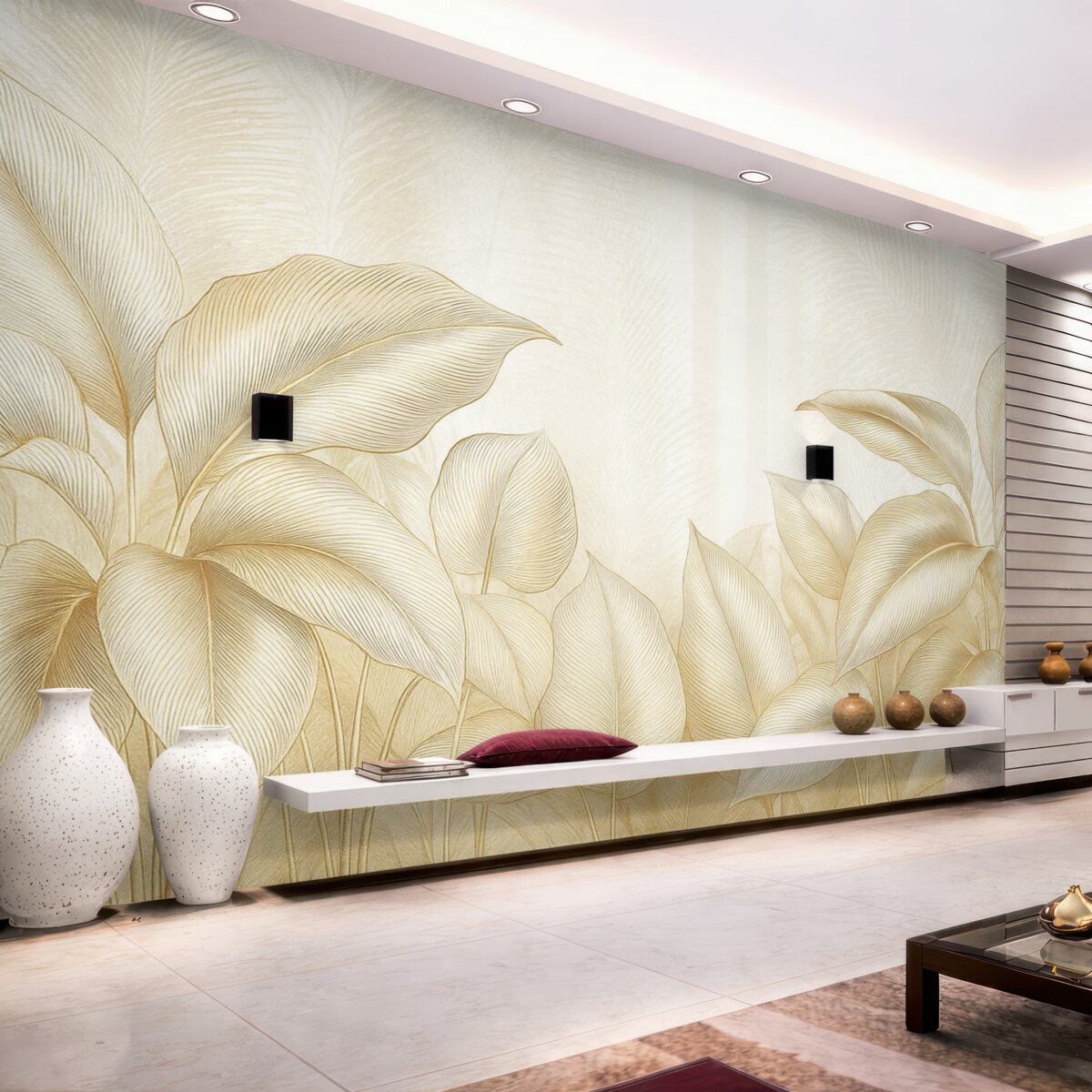 Fototapeta Eleganckie białe oraz beżowe liście palmowe na jasnym, fakturowanym tle.