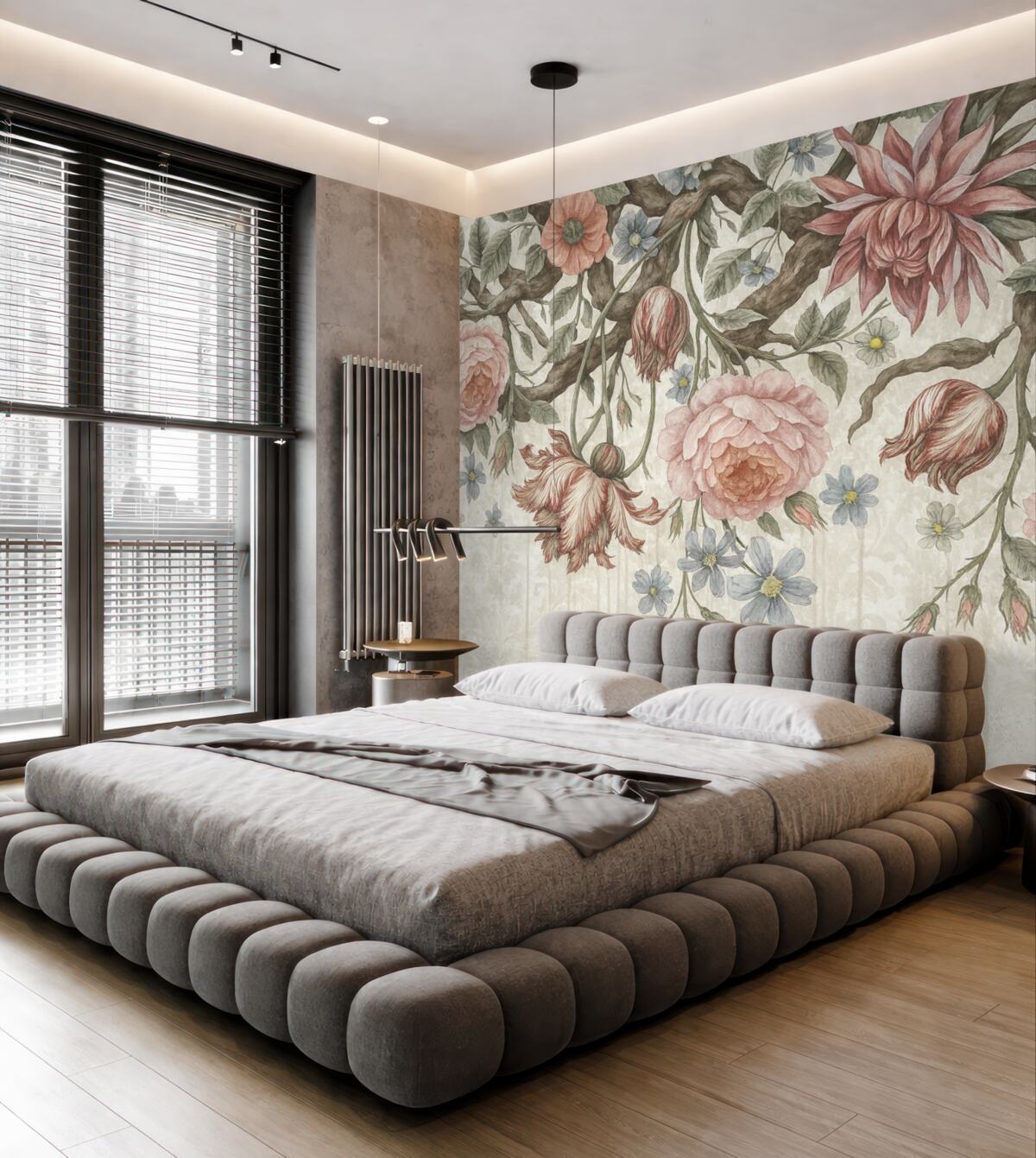 Fototapeta Obfita kompozycja kwiatowa z dużymi różowymi i białymi kwiatami, z zielonymi liśćmi oraz pędami.