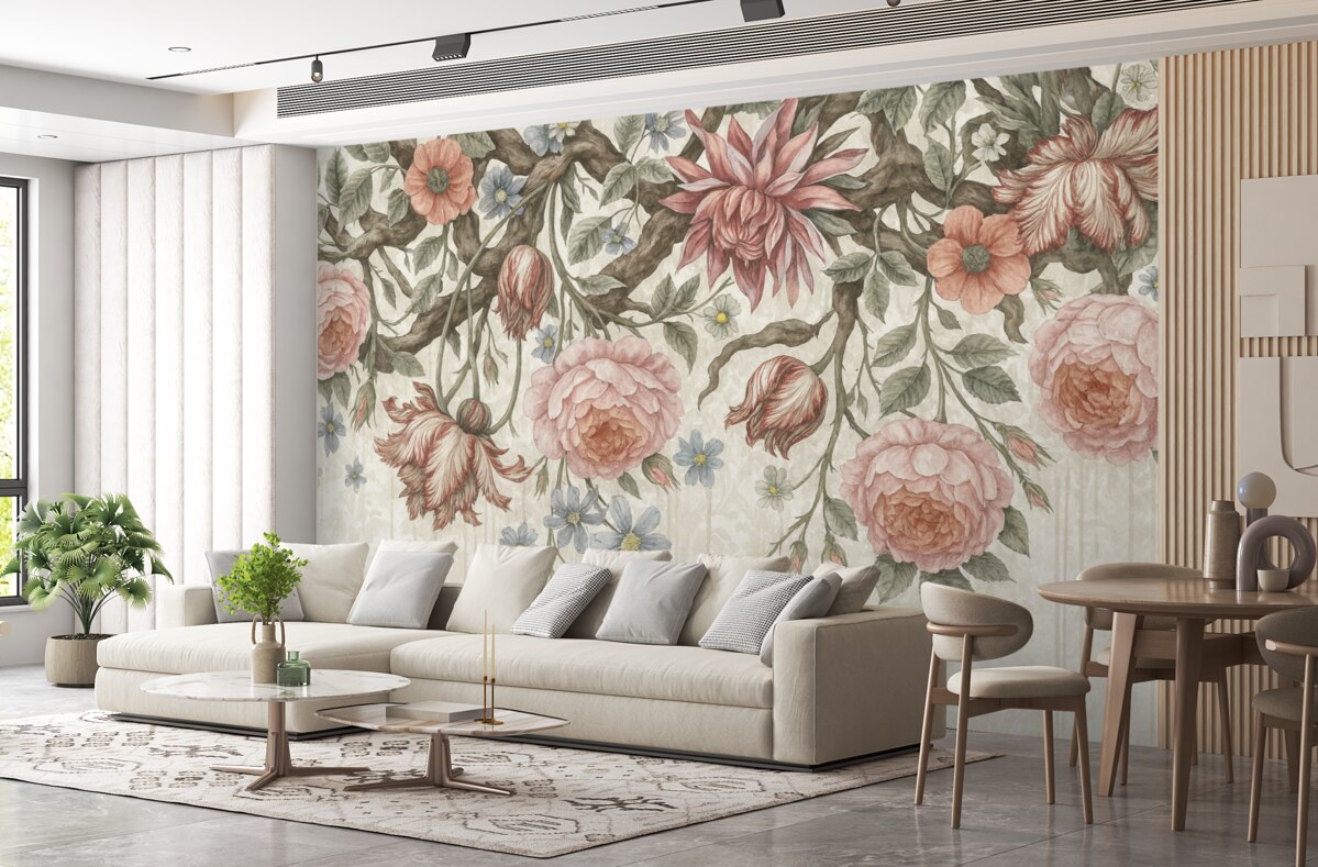 Fototapeta Obfita kompozycja kwiatowa z dużymi różowymi i białymi kwiatami, z zielonymi liśćmi oraz pędami.