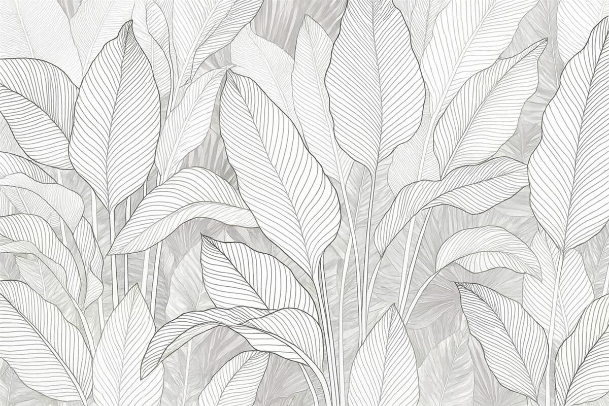 Fototapeta Jednokolorowa ilustracja ukazująca duże, stylizowane liście oraz zieleń z detalicznymi wzorami linii i fakturami.