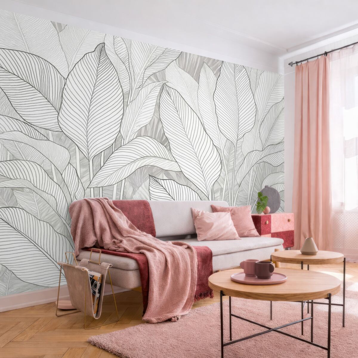 Fototapeta Jednokolorowa ilustracja ukazująca duże, stylizowane liście oraz zieleń z detalicznymi wzorami linii i fakturami.