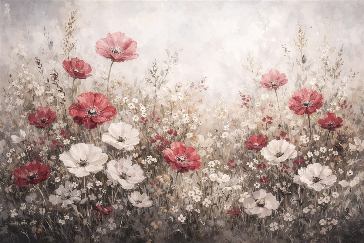 Fototapeta Łąka żywych czerwonych i białych kwiatów na delikatnym, mglistym tle w stylu malarstwa olejnego.