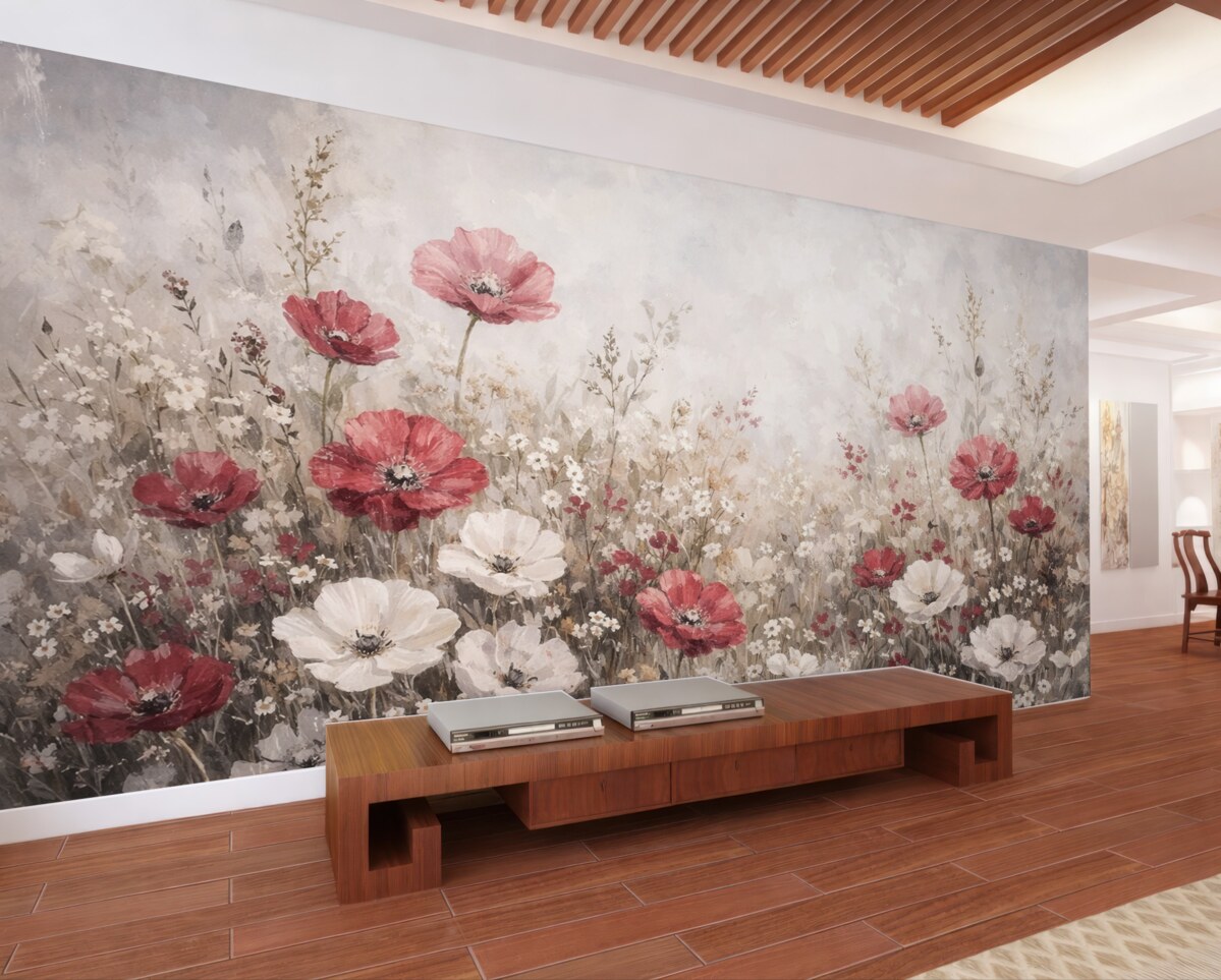 Fototapeta Łąka żywych czerwonych i białych kwiatów na delikatnym, mglistym tle w stylu malarstwa olejnego.