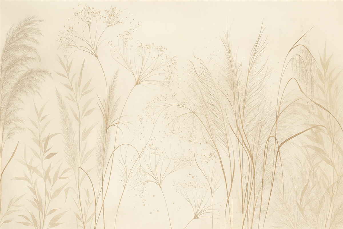 Fototapeta Monochromatyczna grafika różnorodnych beżowych roślin i kłosów z subtelnymi, delikatnymi liniami oraz fakturami.