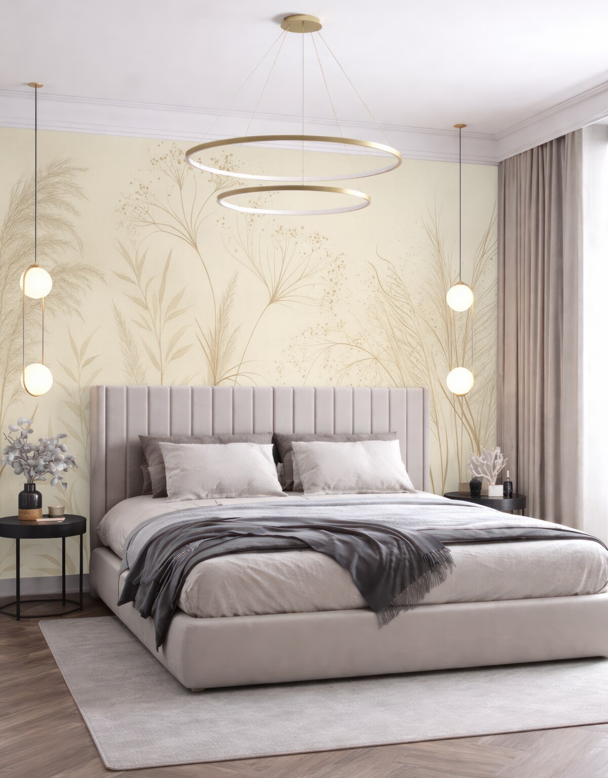 Fototapeta Monochromatyczna grafika różnorodnych beżowych roślin i kłosów z subtelnymi, delikatnymi liniami oraz fakturami.