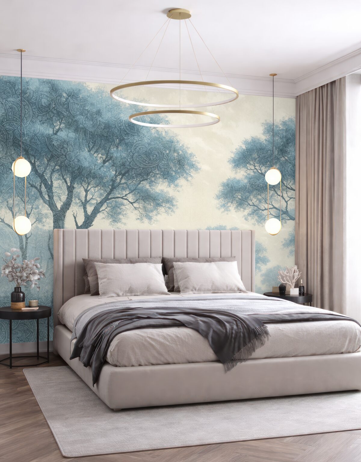 Fototapeta Mglisty, cichy pejzaż z konturami drzew na pierwszym planie oraz subtelną mgłą w tonach błękitu i beżu.