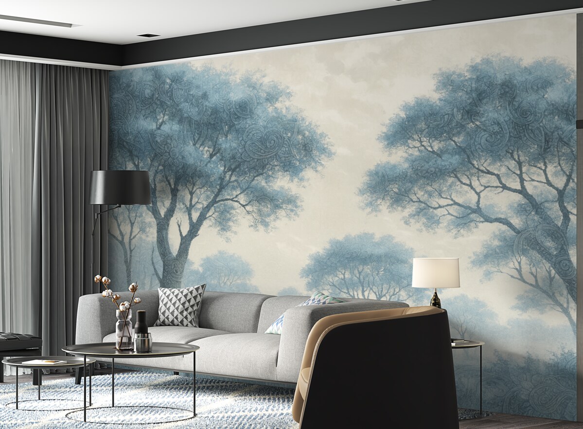 Fototapeta Mglisty, cichy pejzaż z konturami drzew na pierwszym planie oraz subtelną mgłą w tonach błękitu i beżu.